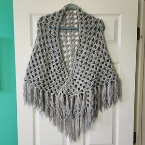Gray Crochet Fringe Shawl